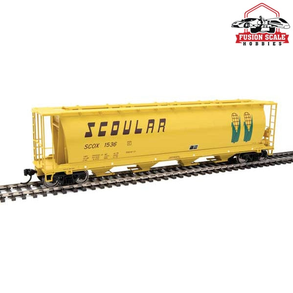 Walthers Mainline HO Scale 59' Cylindrical Hopper Ready to Run Scoular SCOX #1536 (yellow, brown, green; Double-Corn Logo)