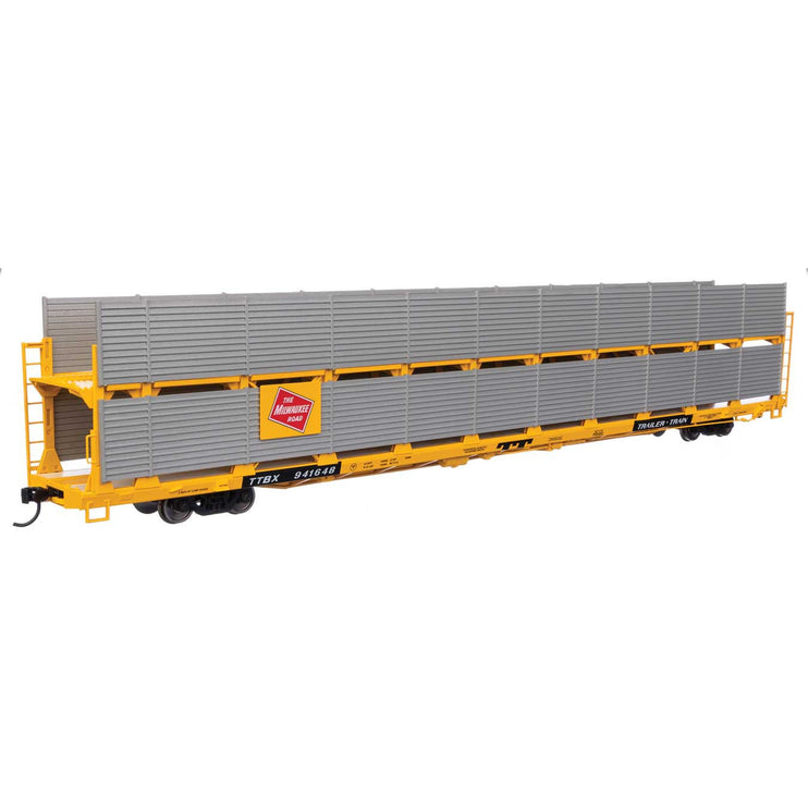 Walthers Mainline HO Scale Milwaukee Road Rack / Trailer-Train Flatcar TTBX #941648 89' Flatcar w/Bi-Level Shielded Auto Rack