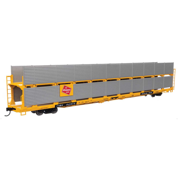 Walthers Mainline HO Scale Milwaukee Road Rack / Trailer-Train Flatcar TTBX #941676 89' Flatcar w/Bi-Level Shielded Auto Rack