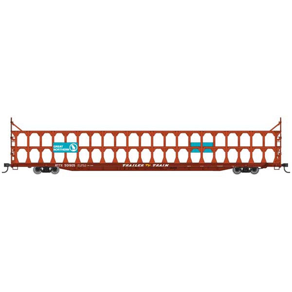 Walthers Mainline HO Scale 89' Flatcar w/Tri-Level Open Auto Rack Great Northern Rack Trailer-Train Flatcar RTTX #501905 (brown)