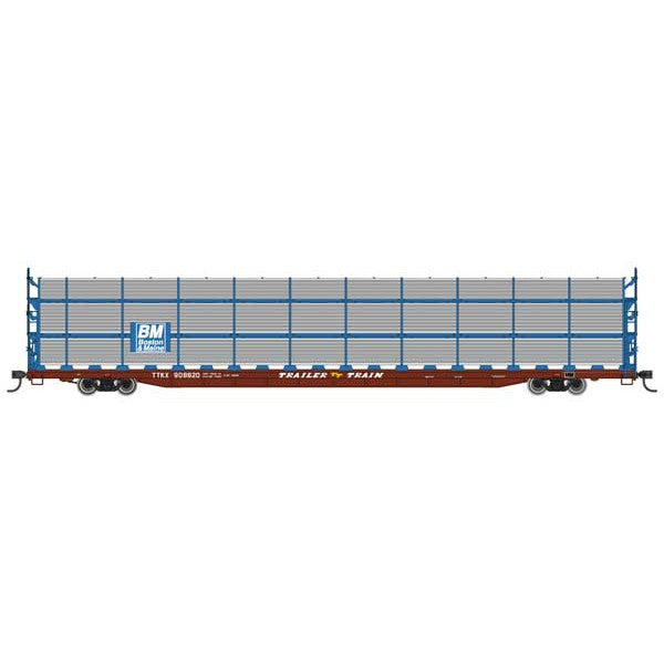 Walthers Mainline HO Scale 89' Flatcar w/Tri-Level Shielded Auto Rack Boston & Maine #908816, TTKX flatcar (brown)