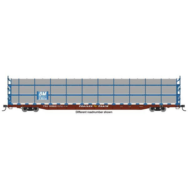 Walthers Mainline HO Scale 89' Flatcar w/Tri-Level Shielded Auto Rack Boston & Maine #908820, TTKX Flatcar (brown)