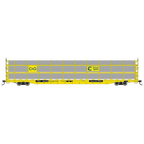 Walthers Mainline HO Scale 89' Flatcar w/Tri-Level Shielded Auto Rack Chesapeake & Ohio #850469, TTKX Flatcar (yellow)