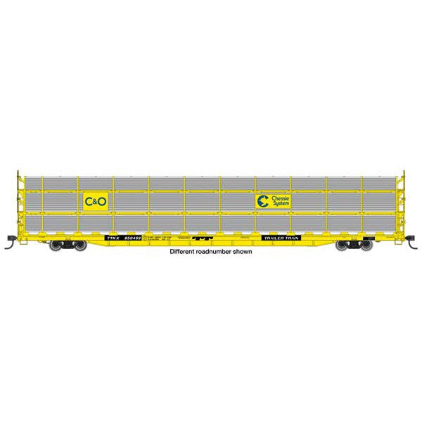 Walthers Mainline HO Scale 89' Flatcar w/Tri-Level Shielded Auto Rack Chesapeake & Ohio #850470, TTKX Flatcar (yellow)