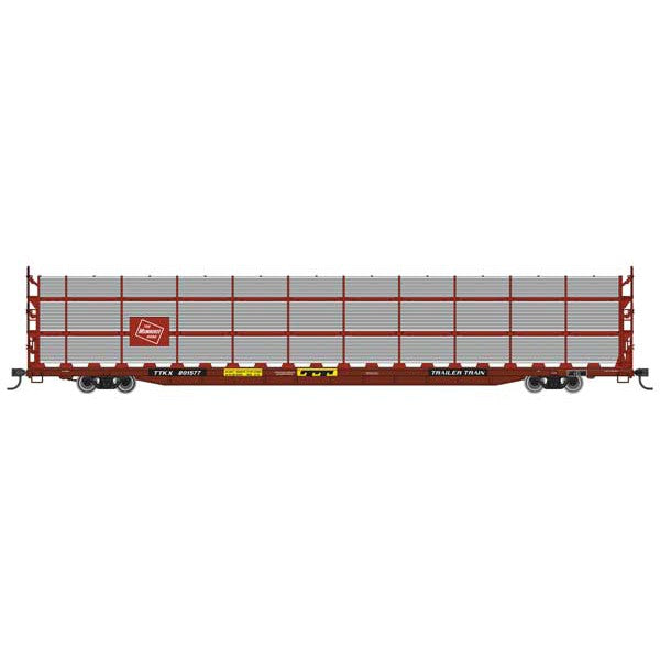 Walthers Mainline HO Scale 89' Flatcar w/Tri-Level Shielded Auto Rack Milwaukee Road #801577, TTKX Flatcar (brown)