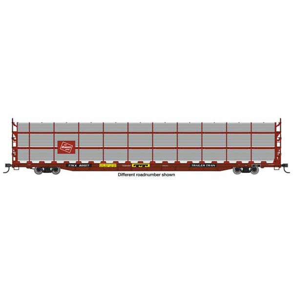 Walthers Mainline HO Scale 89' Flatcar w/Tri-Level Shielded Auto Rack Milwaukee Road #801583, TTKX Flatcar (brown)