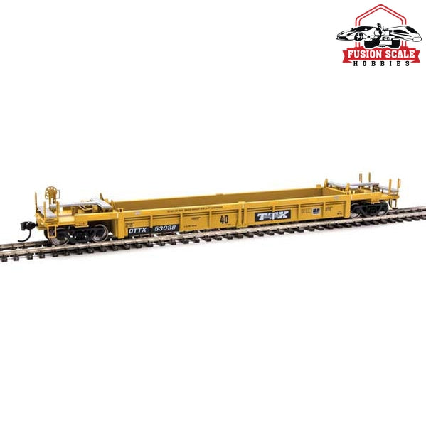 Walthers Mainline HO Scale Thrall Rebuilt 40' Well Car Ready to Run Trailer-Train DTTX #53038 (yellow, black; black & white logo, yellow stripes)