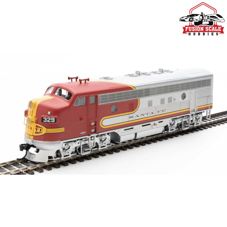 Walthers Mainline HO Scale EMD F7 A-B Set ESU Sound and DCC Santa Fe #329L, 329A (Passenger Warbonnet; silver, red, black)