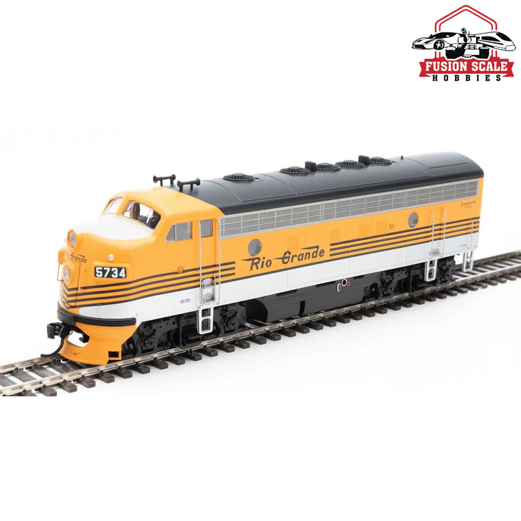 Walthers Mainline HO Scale EMD F7 A ESU Sound and DCC Denver & Rio Grande Western(TM) #5734 (Grande Gold, silver, black)