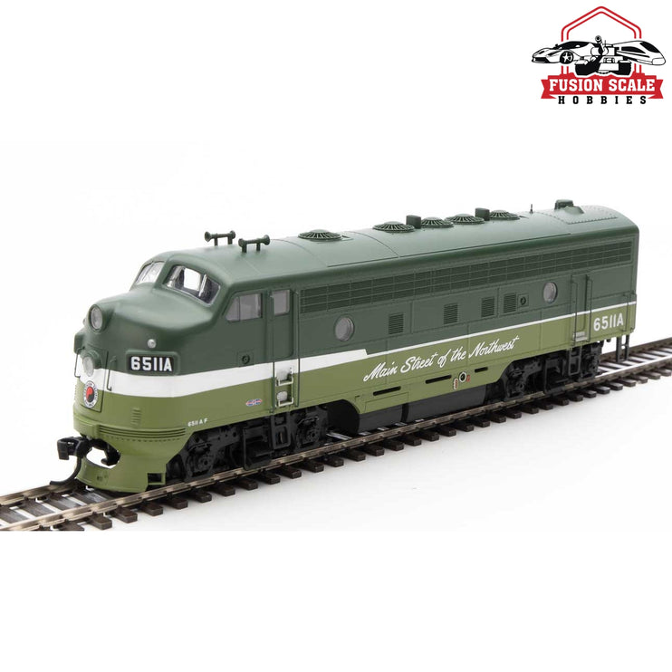 Walthers Mainline HO Scale EMD F7 A-B Set ESU Sound and DCC Northern Pacific #6511A, #6511B (two-tone green, white, black)