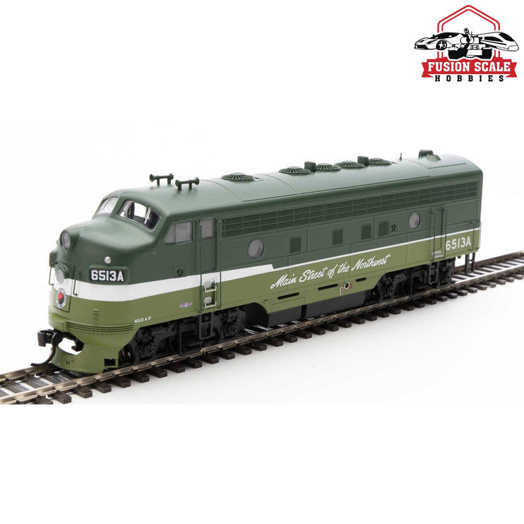 Walthers Mainline HO Scale EMD F7 A-B Set ESU Sound and DCC Northern Pacific #6513A, #6513B (two-tone green, white, black)