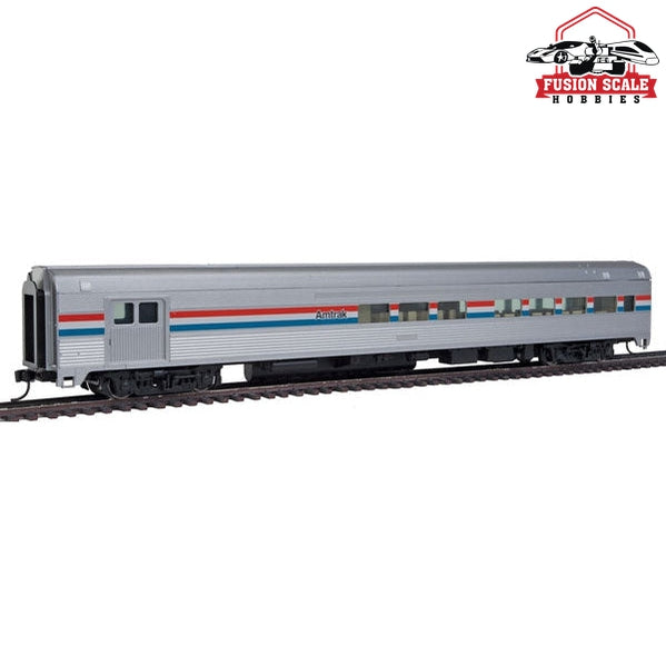 Walthers Mainline HO Scale 85' Budd Baggage-Lounge Ready to Run Amtrak (Phase III; silver, Equal red, white, blue Stripes)