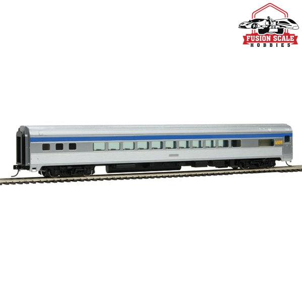 Walthers Mainline HO Scale 85' Budd Small-Window Coach Ready to Run Via Rail Canada (silver, blue, yellow)