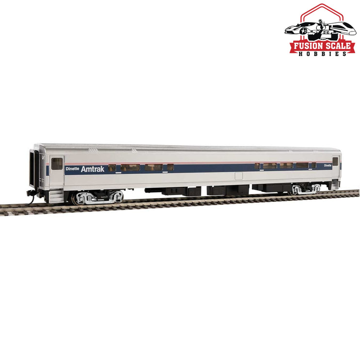 Walthers Mainline HO Scale 85' Horizon Cafe/Club Food Service Car Ready to Run Amtrak(R) (Phase IV; silver, Wide Blue, Thin Red & White Stripes)