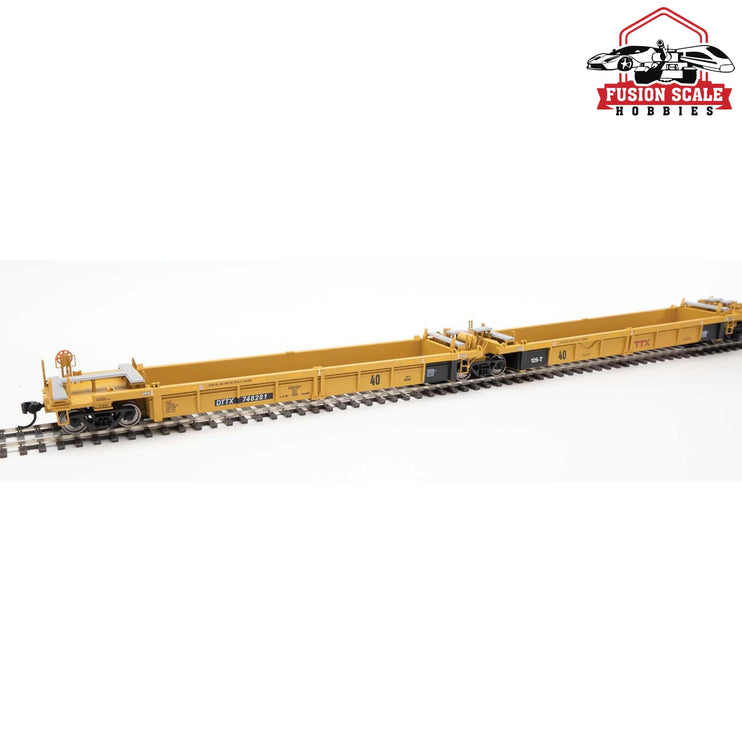 Walthers Mainline HO Scale Thrall 5-Unit Rebuilt 40' Well Car Ready to Run Trailer-Train DTTX #748281 A-E (yellow, Small Red Logo)