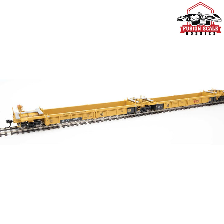 Walthers Mainline HO Scale Thrall 5-Unit Rebuilt 40' Well Car Ready to Run Trailer-Train DTTX #748317 A-E (yellow, Large Red Logo)