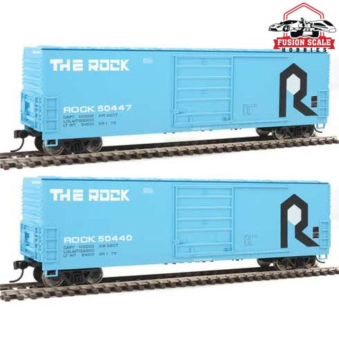 Walthers Mainline HO Scale 50' Evans Smooth-Side Boxcar 2-Pack Ready to Run Rock Island #50440, 50447 (blue, black, white)