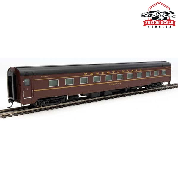 Walthers Proto HO Scale 85' Budd 21-Roomette Sleeper Pennsylvania Railroad Class PS21B Carnegie Inn (Tuscan, black, Dulux)