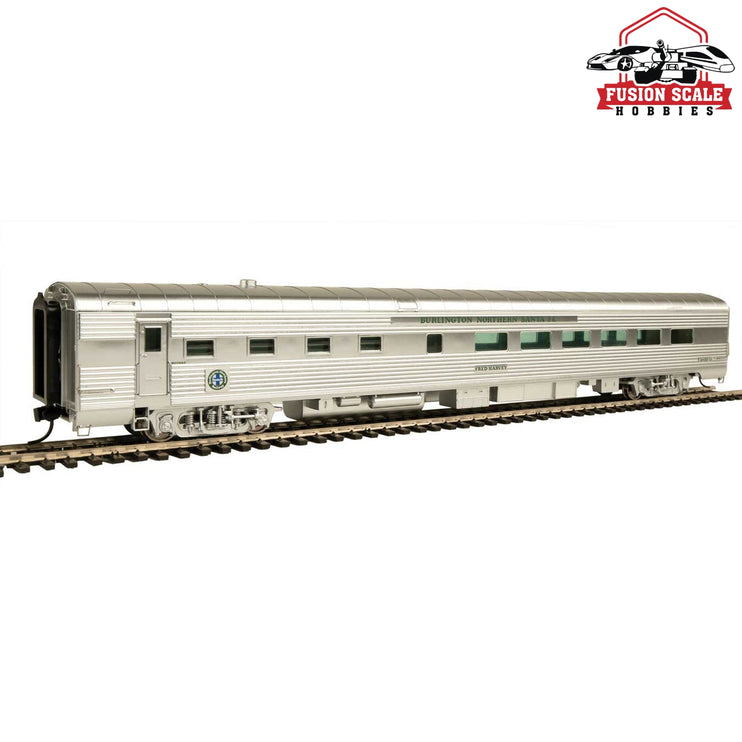 Walthers Proto HO Scale 85' Pullman-Standard 36-Seat Diner - Ready-to-Run - Lighted BNSF #11 "Fred Harvey" (Business Train, Real Metal Finish)