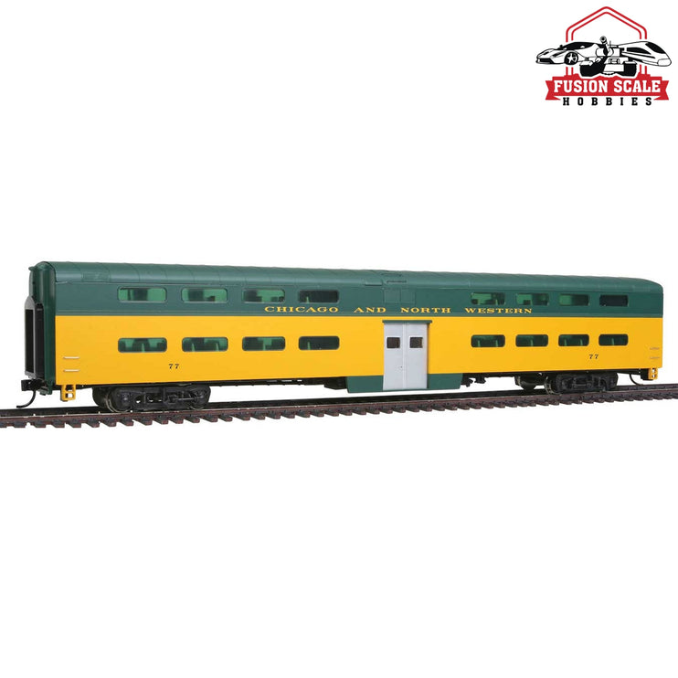 Walthers Proto HO Scale 85' Pullman-Standard Bi-Level Commuter Coach - Ready To Run Chicago & North Western(TM) #77 (yellow, green)