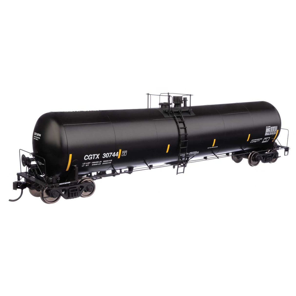 Walthers Proto 55' Trinity 30,145-Gallon Tank Car Canadian General Transit CGTX #30744 (black, white, yellow conspicuity marks)