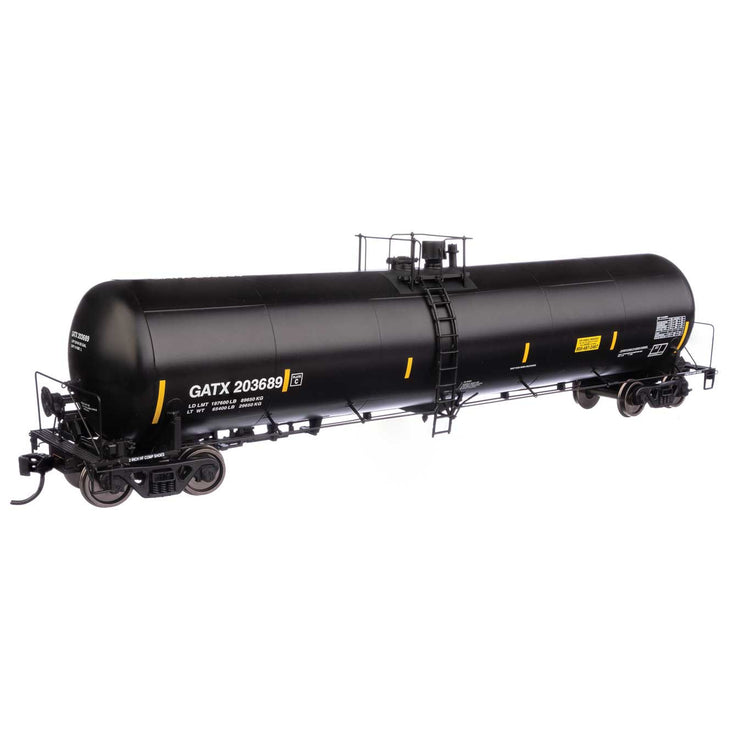 Walthers Proto 55' Trinity 30,145-Gallon Tank Car GATX Corporation GATX #203689 (black, white, yellow conspicuity marks)