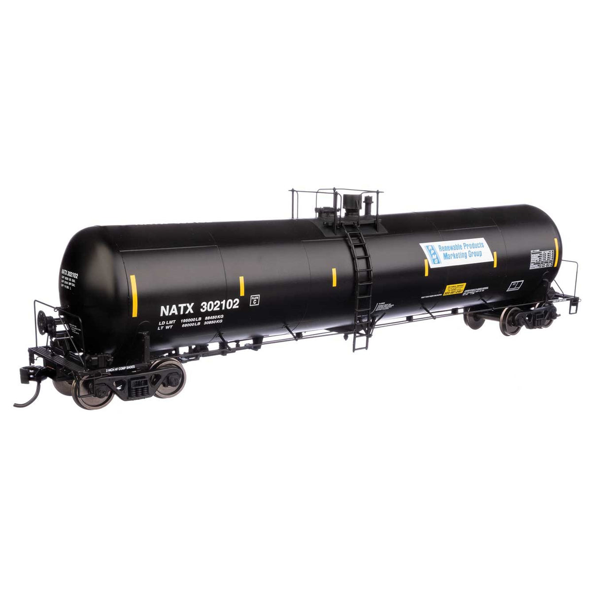 Walthers Proto 55' Trinity 30,145-Gallon Tank Car Renewable Products NATX #302102 (black, white, yellow conspicuity marks)