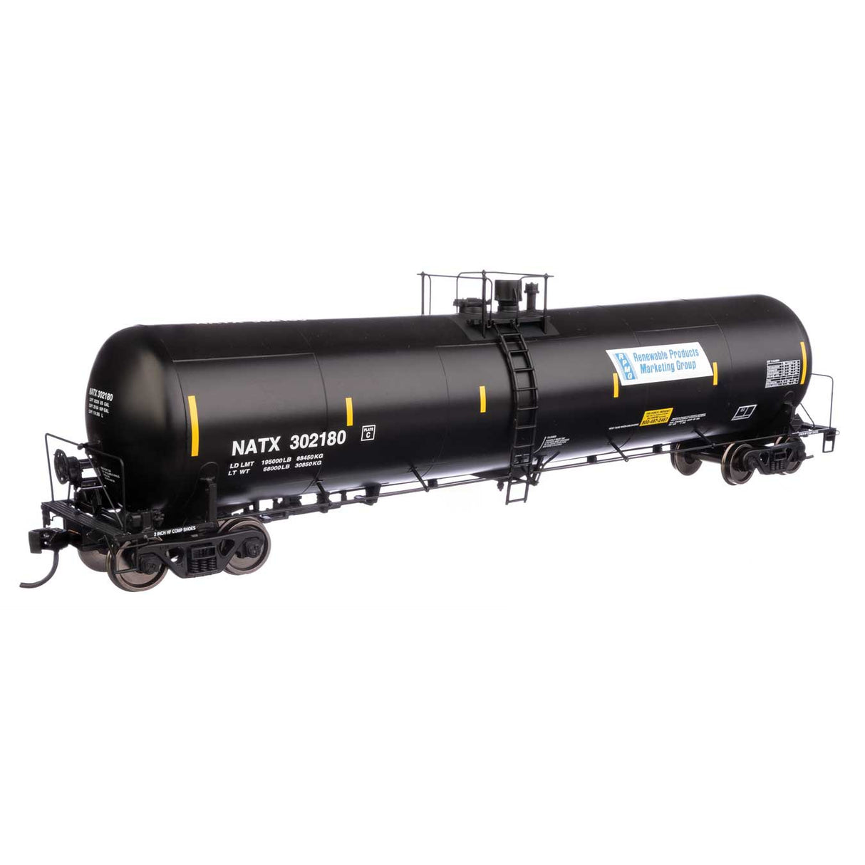 Walthers Proto 55' Trinity 30,145-Gallon Tank Car Renewable Products NATX #302180 (black, white, yellow conspicuity marks)