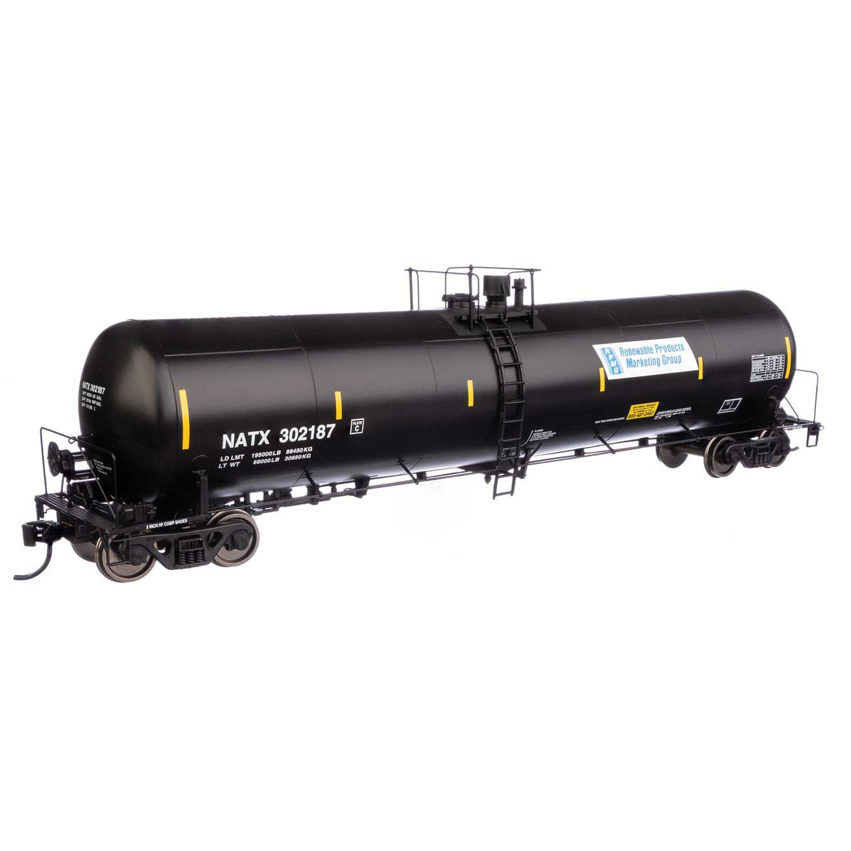 Walthers Proto 55' Trinity 30,145-Gallon Tank Car Renewable Products NATX #302187 (black, white, yellow conspicuity marks)