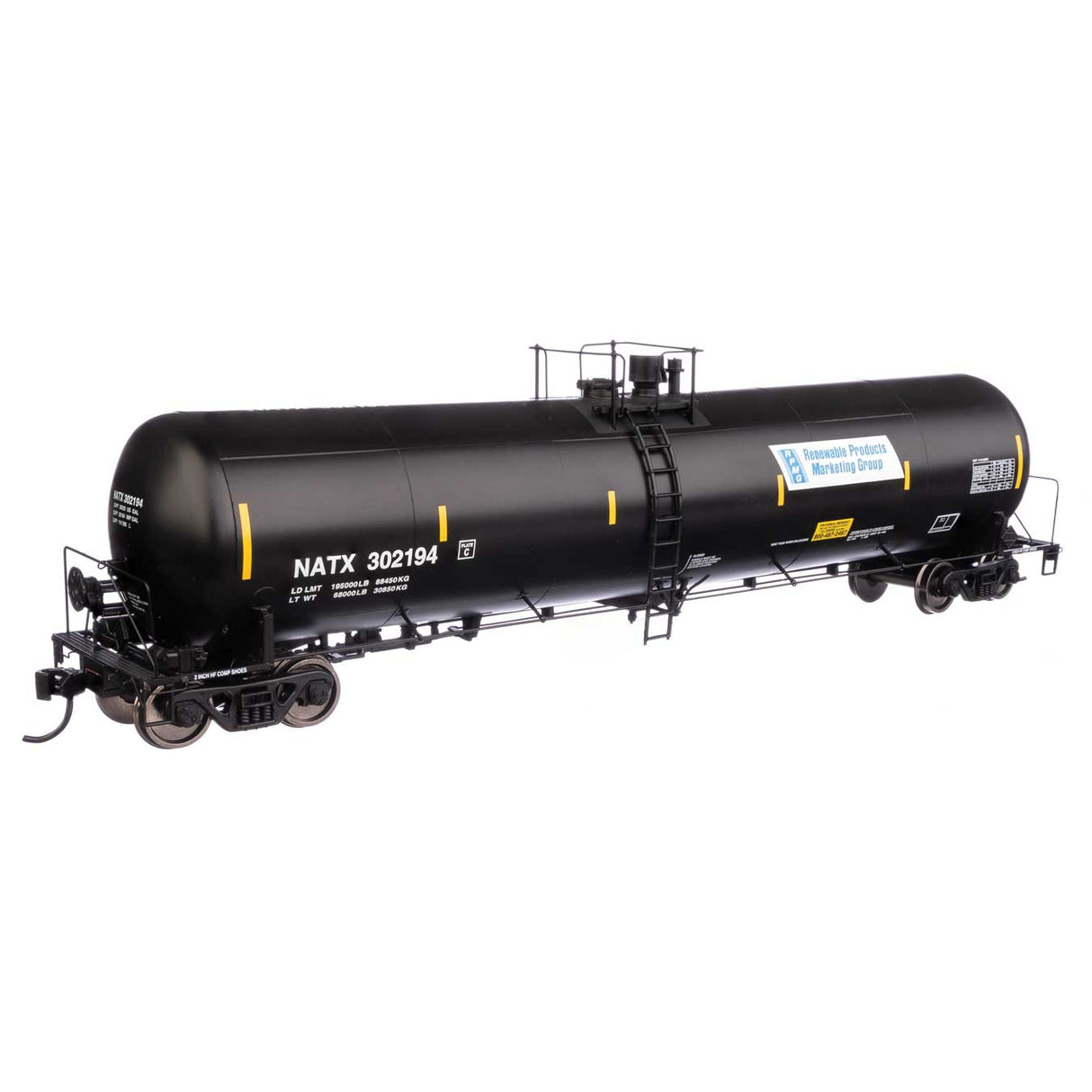 Walthers Proto 55' Trinity 30,145-Gallon Tank Car Renewable Products NATX #302194 (black, white, yellow conspicuity marks)