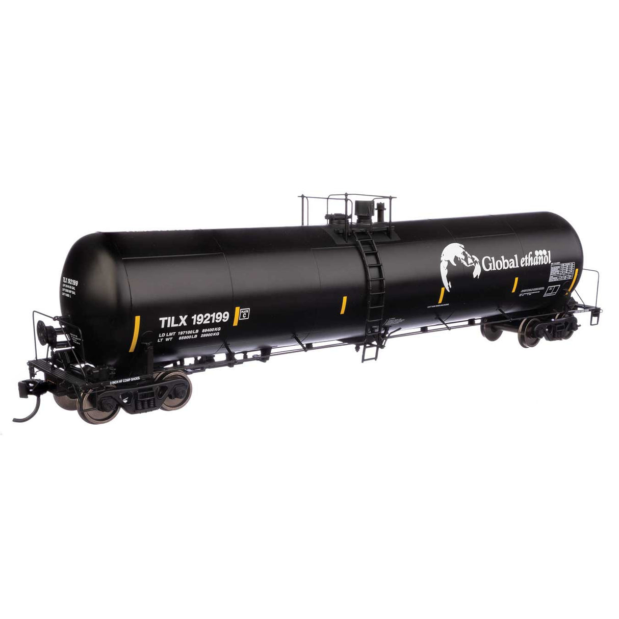 Walthers Proto 55' Trinity 30,145-Gallon Tank Car Global Ethanol TILX #192199 (black, white, yellow conspicuity marks)