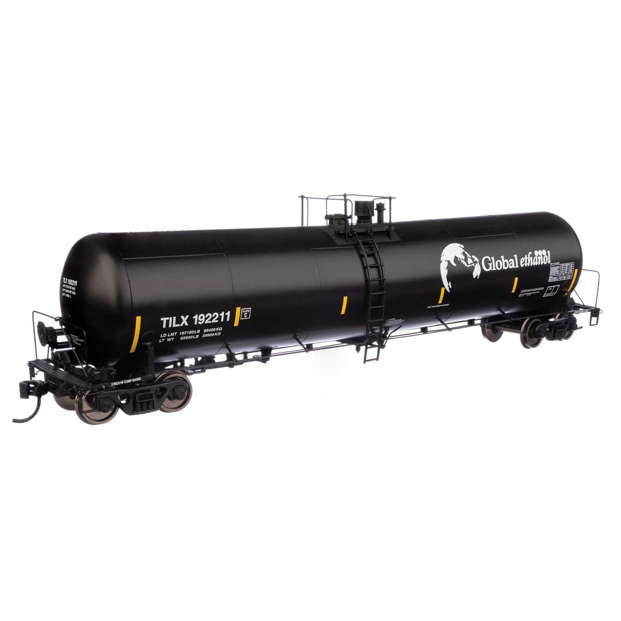 Walthers Proto 55' Trinity 30,145-Gallon Tank Car Global Ethanol TILX #192211 (black, white, yellow conspicuity marks)