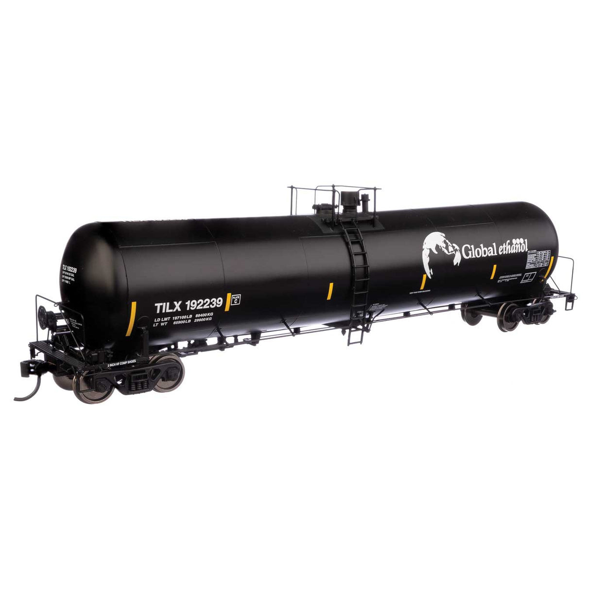 Walthers Proto 55' Trinity 30,145-Gallon Tank Car Global Ethanol TILX #192239 (black, white, yellow conspicuity marks)