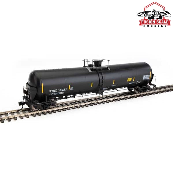 Walthers Proto HO Scale 55' Trinity Modified 30,145-Gallon Tank Car - Ready to Run Stauffer Chemical Co. STAX #10022 (black, white, yellow conspicuity marks)