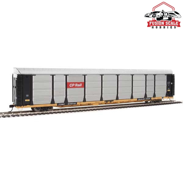 Walthers Proto HO Scale 89' Thrall Bi-Level Auto Carrier - Ready To Run Canadian Pacific #970741 / TTGX Flatcar (Car: black, silver; Flat: yellow)