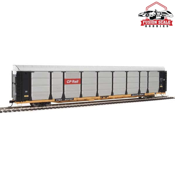 Walthers Proto HO Scale 89' Thrall Bi-Level Auto Carrier - Ready To Run Canadian Pacific #973707 / TTGX Flatcar (Car: black, silver; Flat: yellow)