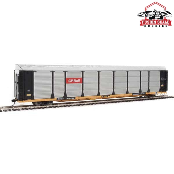 Walthers Proto HO Scale 89' Thrall Bi-Level Auto Carrier - Ready To Run Canadian Pacific #974244 / TTGX Flatcar (Car: black, silver; Flat: yellow)