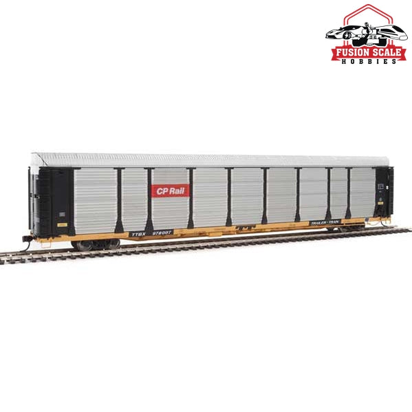 Walthers Proto HO Scale 89' Thrall Bi-Level Auto Carrier - Ready To Run Canadian Pacific #978007 / TTGX Flatcar (Car: black, silver; Flat: yellow)