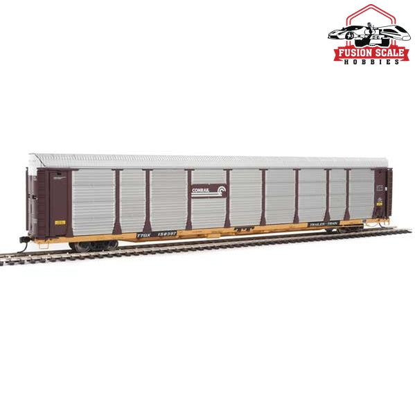 Walthers Proto HO Scale 89' Thrall Bi-Level Auto Carrier - Ready To Run Conrail #158397 / TTGX Flatcar (Car: Boxcar Red, silver; Flat: yellow)