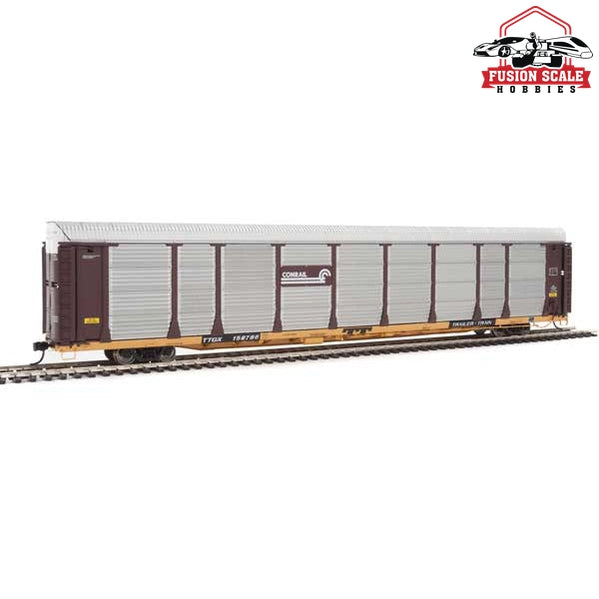 Walthers Proto HO Scale 89' Thrall Bi-Level Auto Carrier - Ready To Run Conrail #158786 / TTGX Flatcar (Car: Boxcar Red, silver; Flat: yellow)