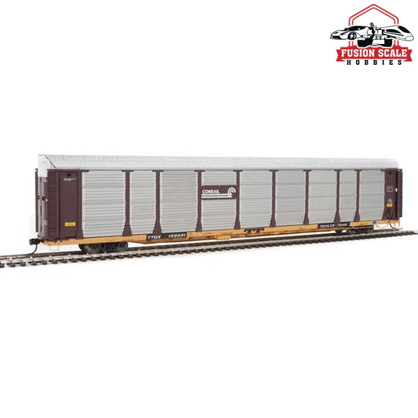 Walthers Proto HO Scale 89' Thrall Bi-Level Auto Carrier - Ready To Run Conrail #159591 / TTGX Flatcar (Car: Boxcar Red, silver; Flat: yellow)