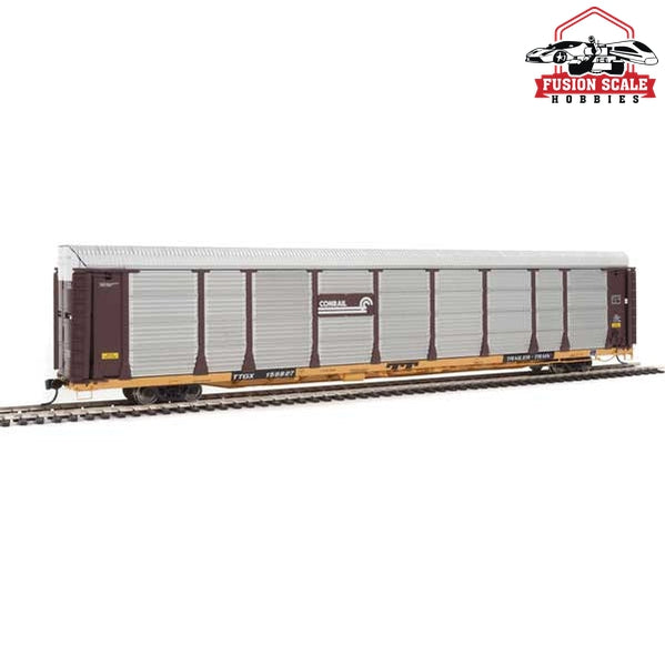 Walthers Proto HO Scale 89' Thrall Bi-Level Auto Carrier - Ready To Run Conrail #158397 / TTGX Flatcar (Car: Boxcar Red, silver; Flat: yellow)