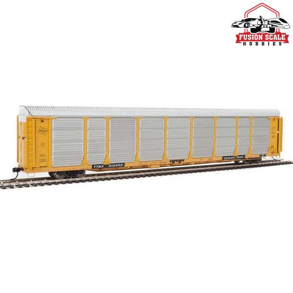 Walthers Proto HO Scale 89' Thrall Bi-Level Auto Carrier - Ready To Run Milwaukee Road #910250 / TTGX (Car: yellow, silver; Flat: yellow)