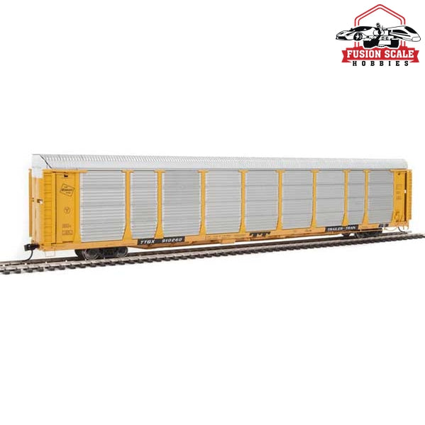 Walthers Proto HO Scale 89' Thrall Bi-Level Auto Carrier - Ready To Run Milwaukee Road #910260 / TTGX (Car: yellow, silver; Flat: yellow)