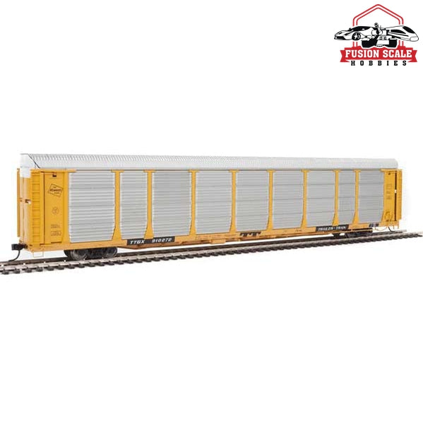 Walthers Proto HO Scale 89' Thrall Bi-Level Auto Carrier - Ready To Run Milwaukee Road #910272 / TTGX (Car: yellow, silver; Flat: yellow)