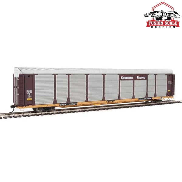 Walthers Proto HO Scale 89' Thrall Bi-Level Auto Carrier - Ready To Run Southern Pacific #157481 / TTGX (Car: Boxcar Red, silver; Flat: yellow)