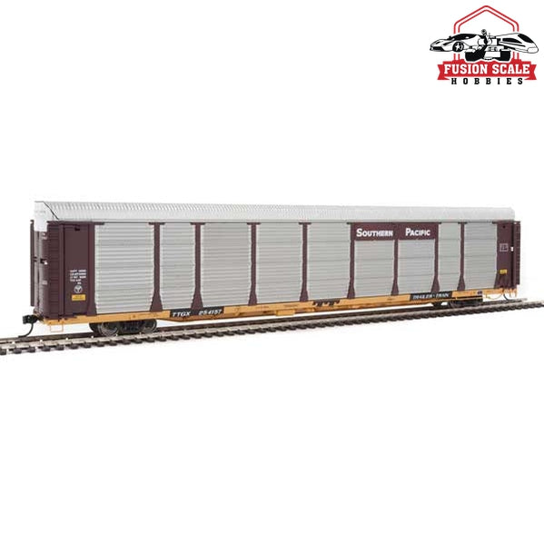 Walthers Proto HO Scale 89' Thrall Bi-Level Auto Carrier - Ready To Run Southern Pacific #254157 / TTGX (Car: Boxcar Red, silver; Flat: yellow)