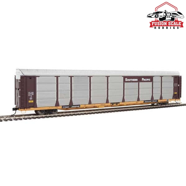 Walthers Proto HO Scale 89' Thrall Bi-Level Auto Carrier - Ready To Run Southern Pacific #255048 / TTGX (Car: Boxcar Red, silver; Flat: yellow)