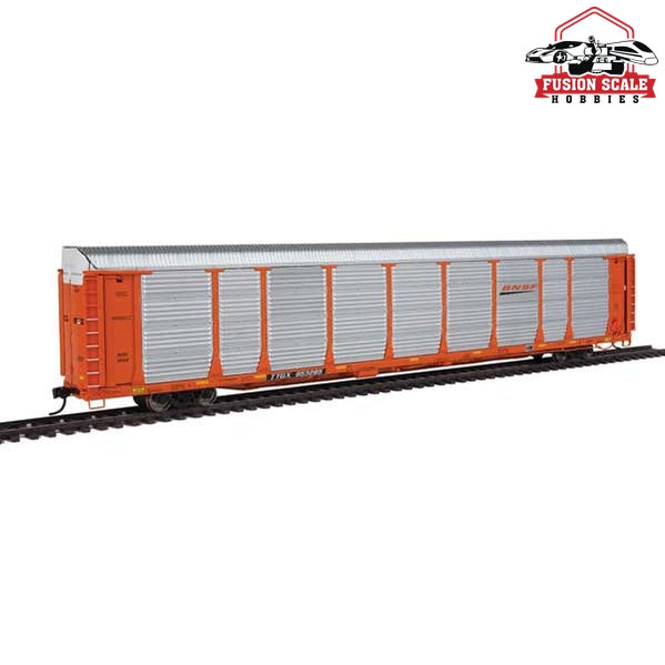 Walthers Proto HO Scale 89' Thrall Bi-Level Auto Carrier - Ready To Run BNSF Rack #28164, TTGX Flatcar #953285 (orange)