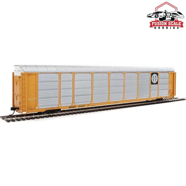 Walthers Proto HO Scale 89' Thrall Enclosed Tri-Level Auto Carrier - Ready to Run Burlington Northern Santa Fe Rack and Flat #303057 (yellow, Circle-Cross Logo)